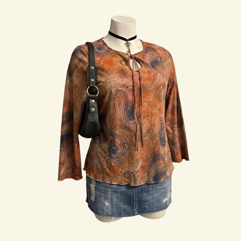 Paisley Print Keyhole Tie Blouse Orange Brown Boho Indie Plus Size 18/20